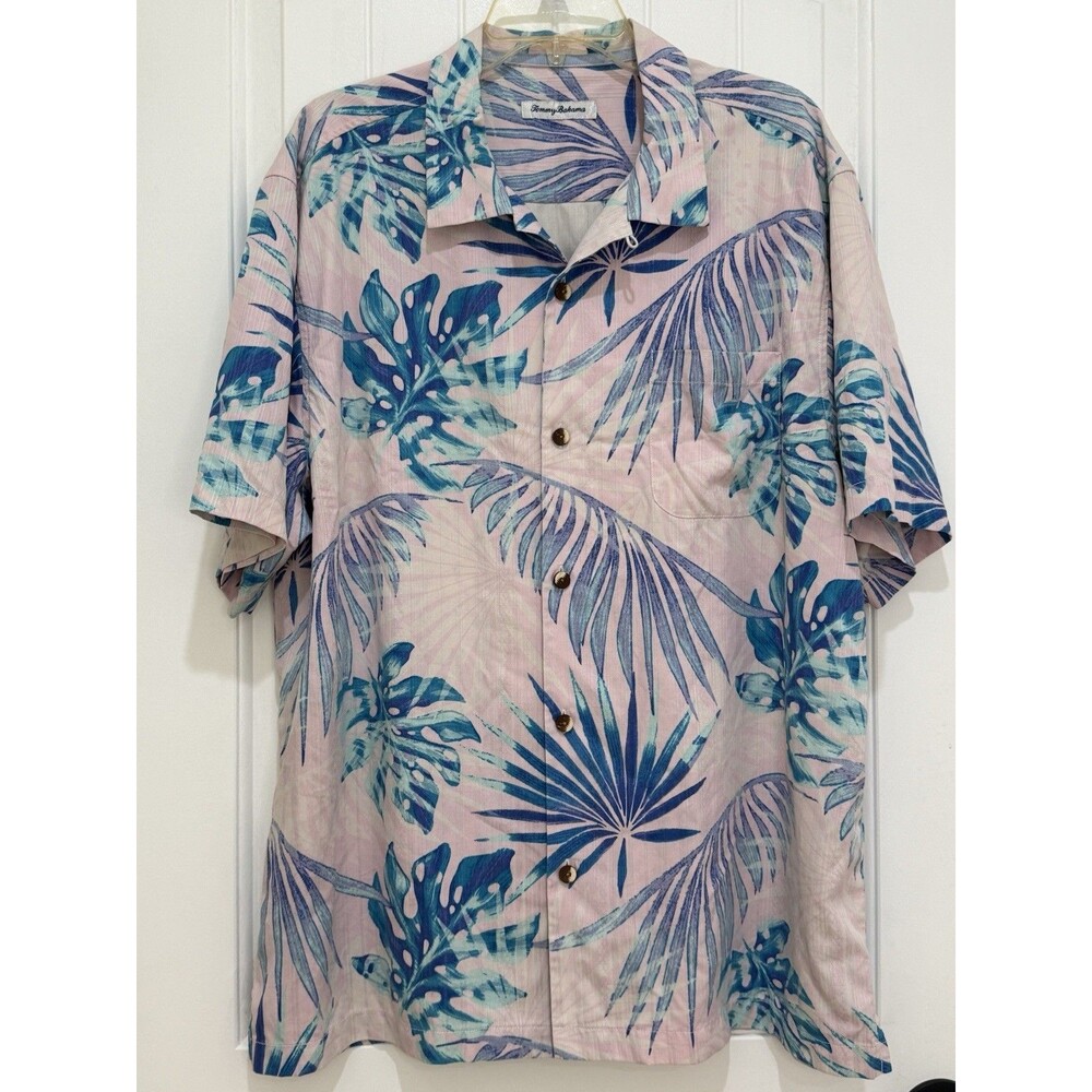 Tommy Bahama Silk Palms Island Tropical Pink Teal Casual Button Shirt Sz XL a